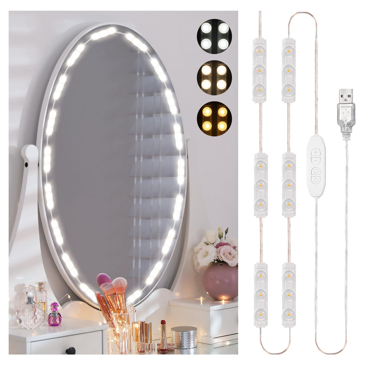 Consciot LED Vanity Lights for Mirror, Hollywood Style Strip, Adjustable Color & Brightness, USB Cable, Dimmable Makeup Stick on Table Dressing Room, White