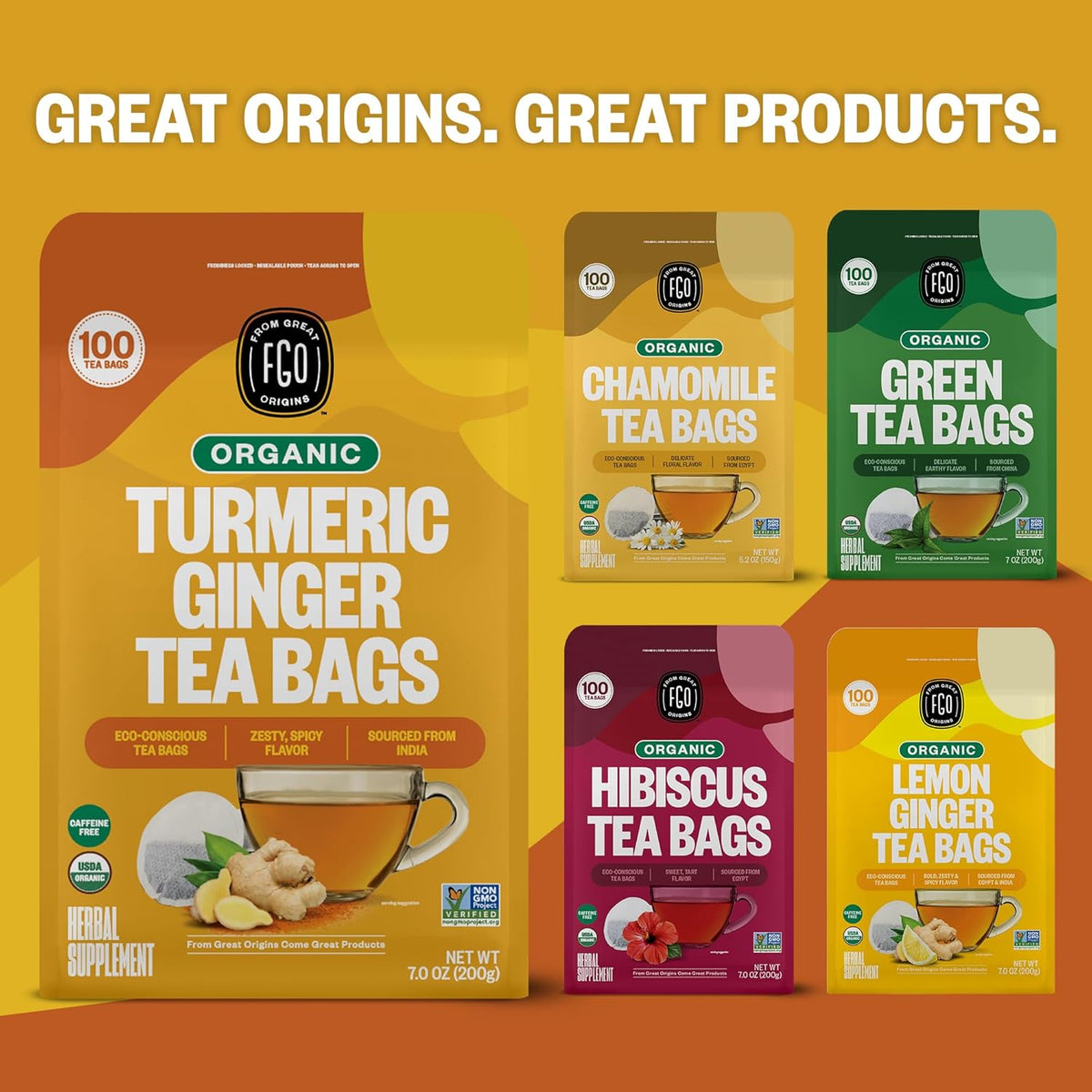 FGO Organic Turmeric Ginger Tea – Plastic-Free Hemp Fiber Tea Bags for a Zero-Waste Minimalist Kitchen