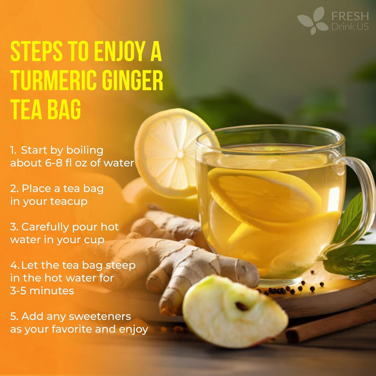 FreshDrinkUS Turmeric Ginger Herbal Tea – Housewarming Gift for Health-Conscious Hosts and Friends