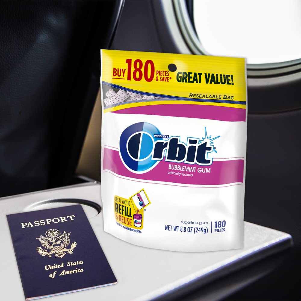 ORBIT Bubblemint Chewing Gum Sugar Free 180 Count, Weather Resistant Resealable Pack for On the Go
