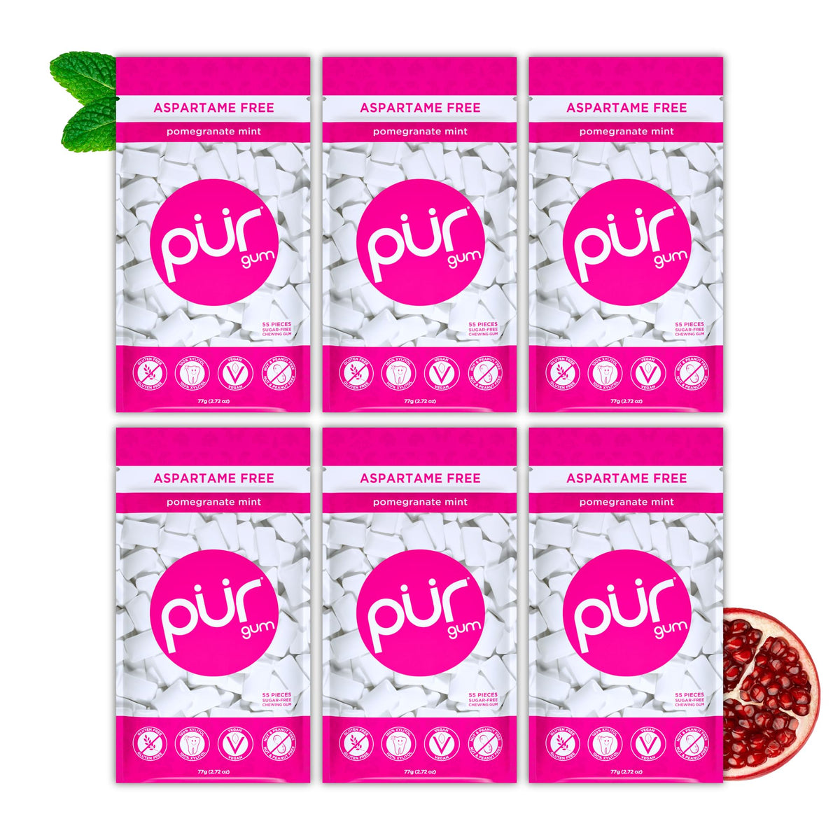 PUR Gum | Aspartame Free Chewing Gum | 100% Xylitol | Natural Pomegranate Mint Flavored Gum, 55 Pieces (Pack of 6)