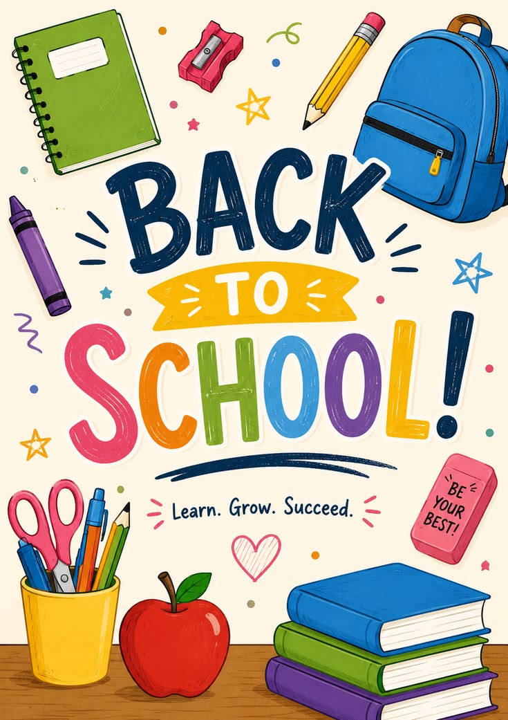 Colorful back to school illustration with essential supplies like a backpack, notebooks, and stationery.