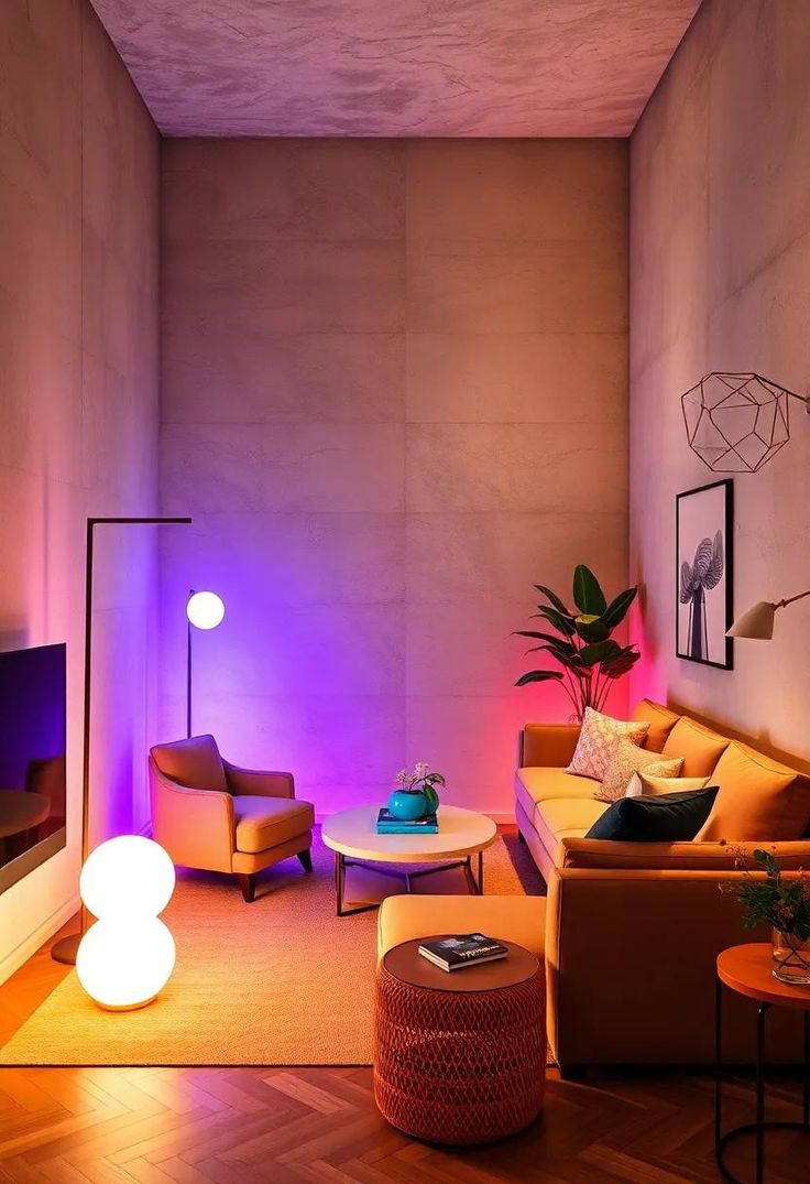 Modern living room illuminated with LED lighting, showcasing stylish furniture and vibrant colors.