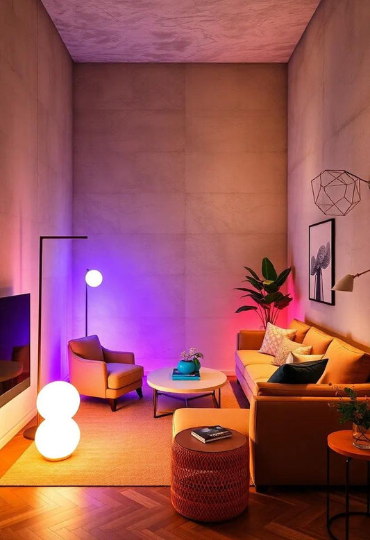 Modern living room illuminated with LED lighting, showcasing stylish furniture and vibrant colors.