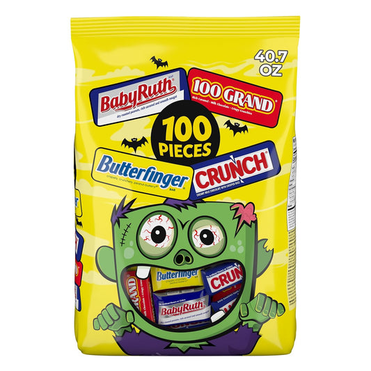 100-count bulk bag containing four classic candy brands: butterfinger, crunch, baby ruth, and 100 grand