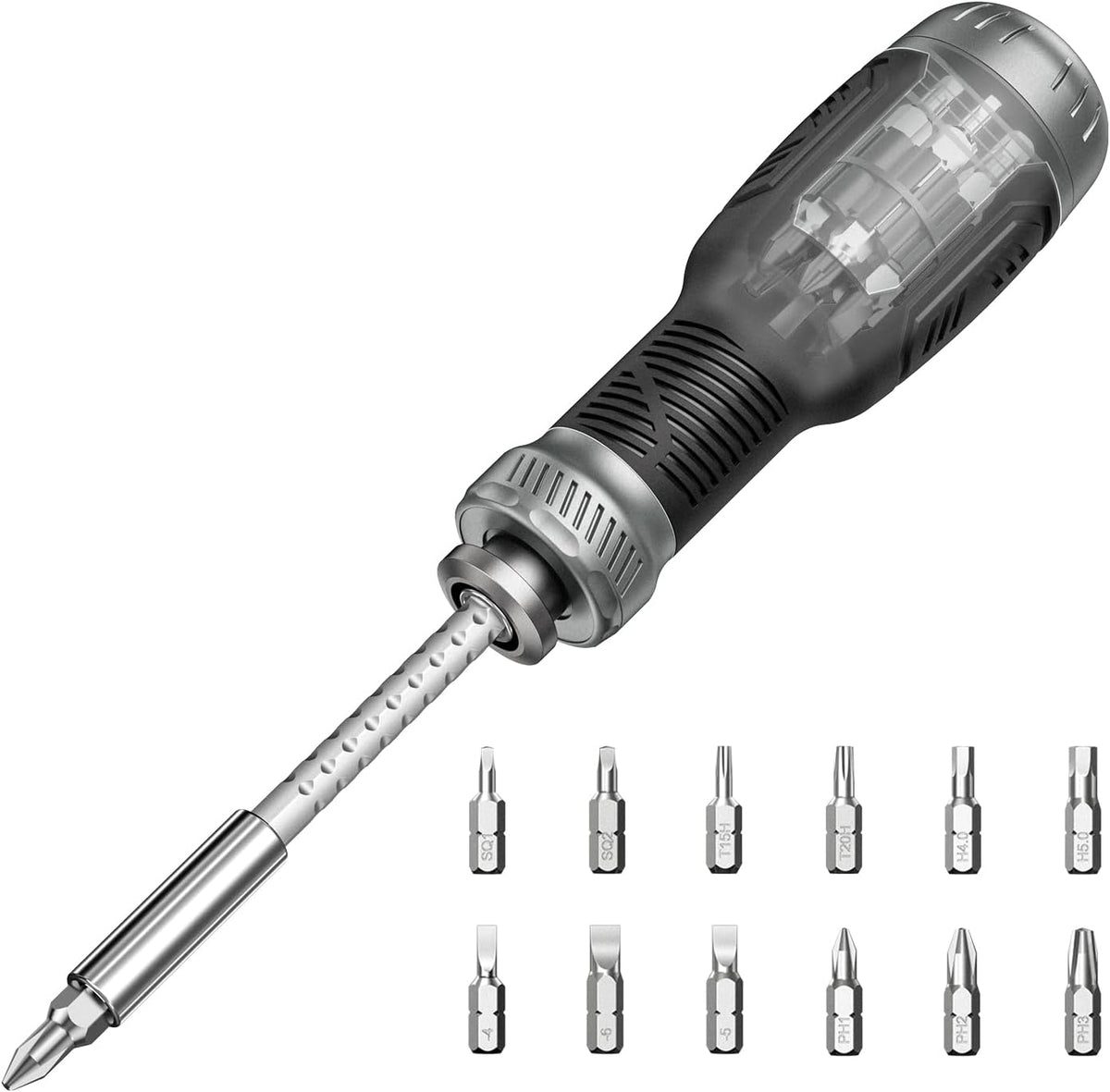 12 interchangeable bits covering flathead, philips, torx, hex, and square heads plus a 1/4" nut driver