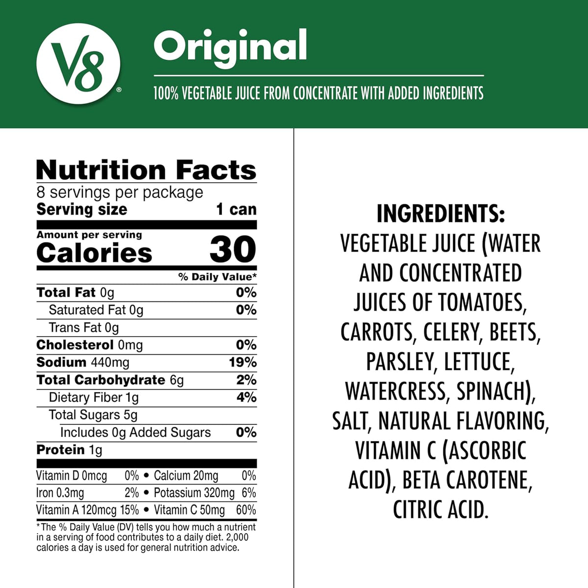 2.5 servings of vegetables and excellent source of vitamins a and c per 11.5 fl oz can