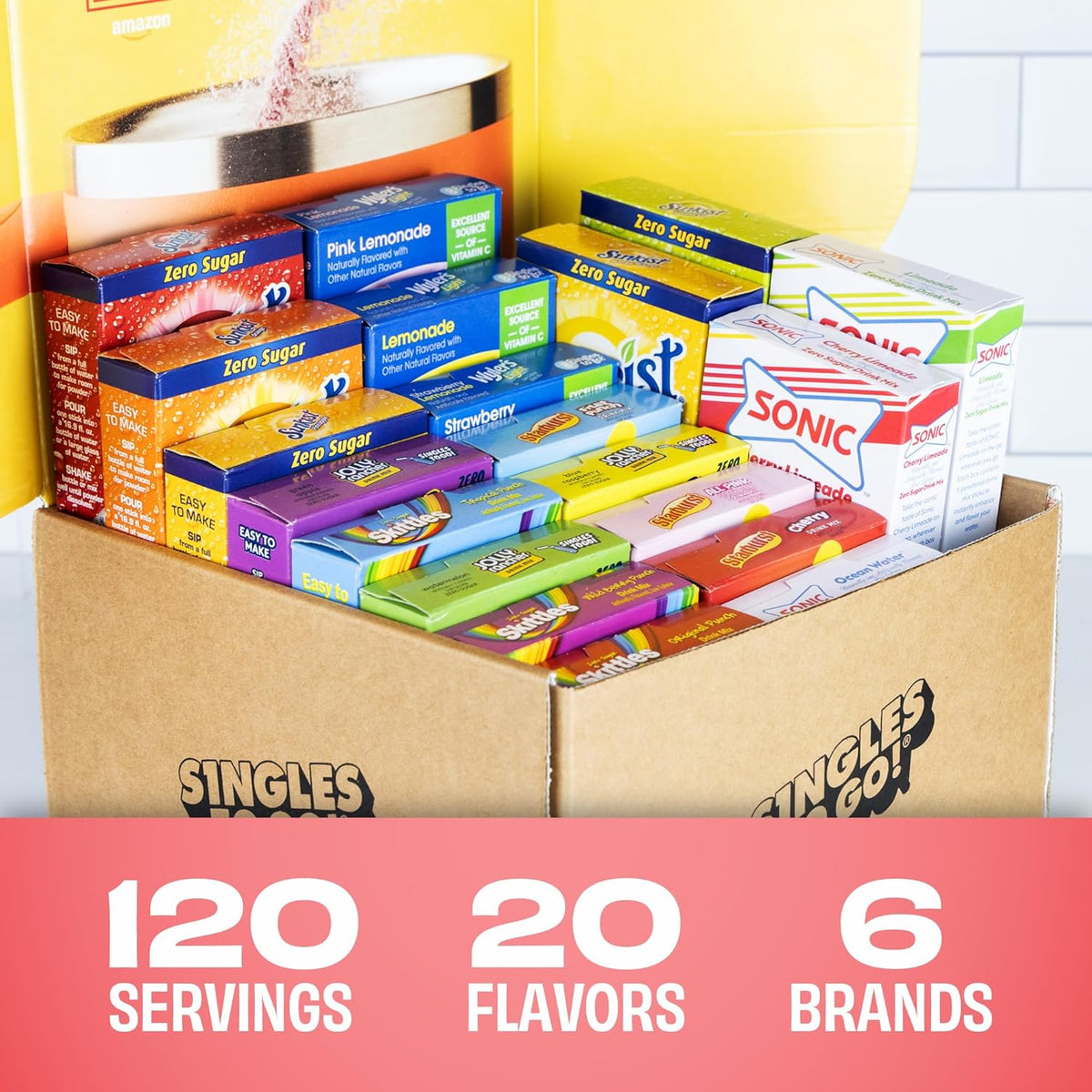 20 different flavor varieties including sonic cherry limeade, wyler's light lemonade, sunkist, skittles, and starburst