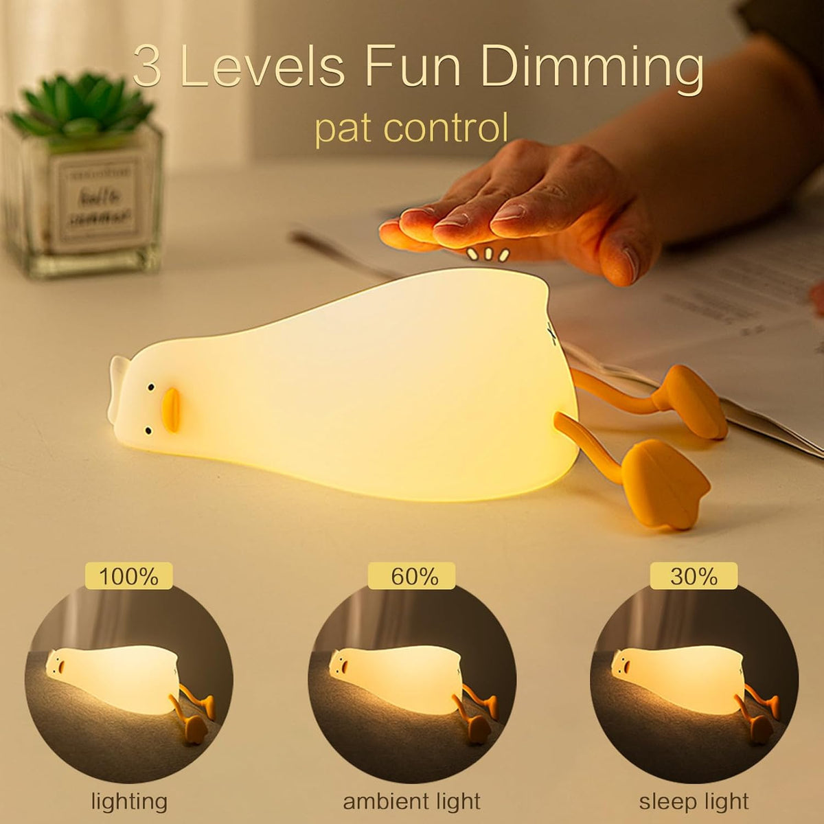 3 dimmable brightness levels (warm yellow, low/medium/high) controlled by touch, tap, or squeeze