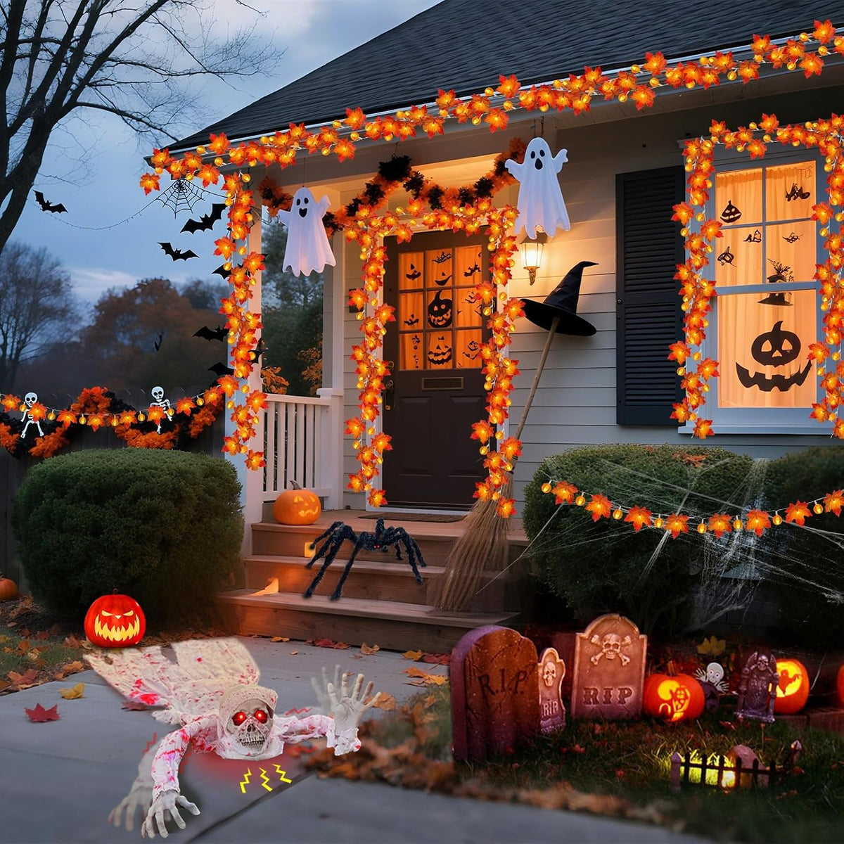 3 Pack Fall Garland with Pumpkin Lights – Flameless Smokeless Autumn String Lights Safe for Kids Pets and Bedrooms