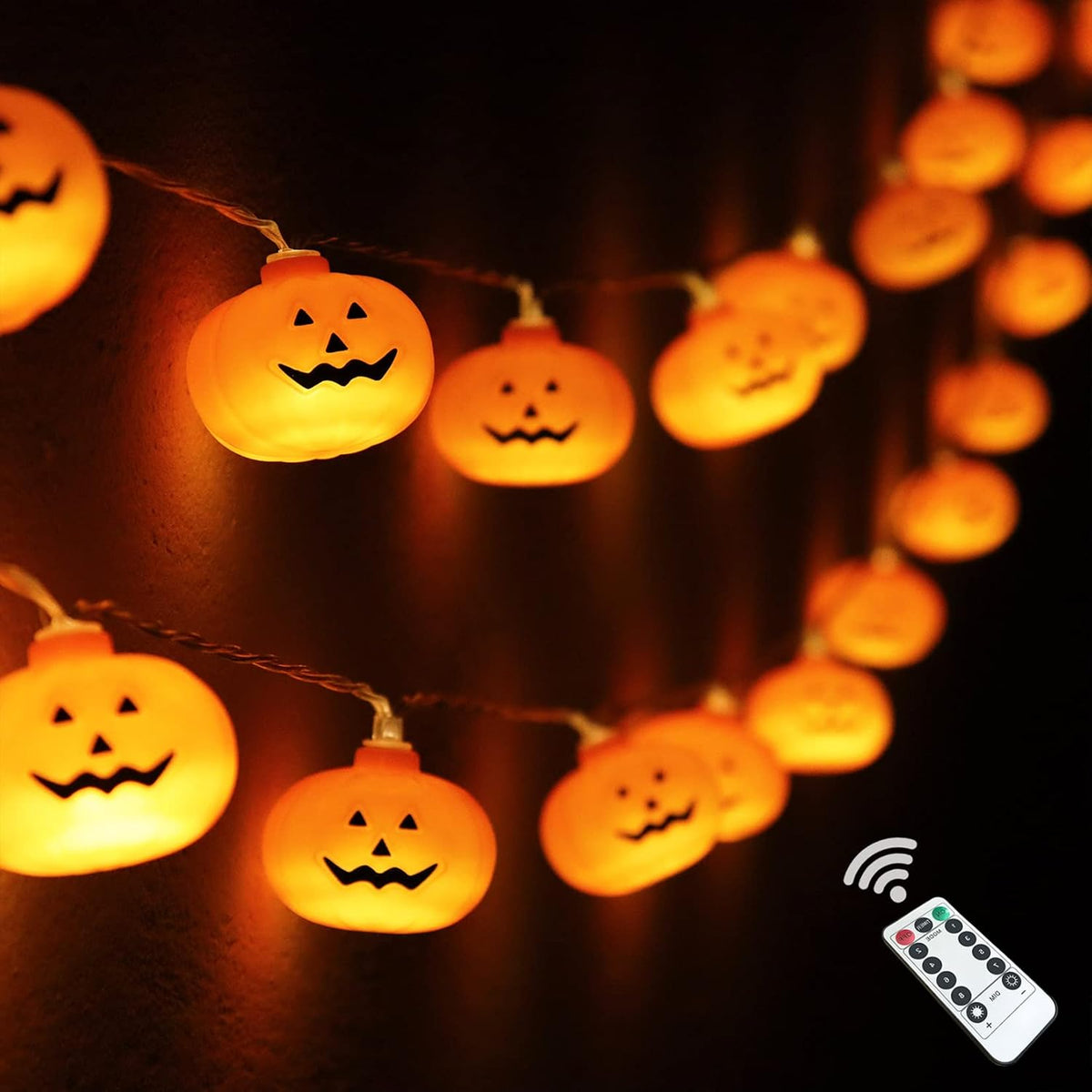 30 led 3d orange jack-o-lantern pumpkin-shaped bulbs on a 16.4 ft strand with 6-inch spacing