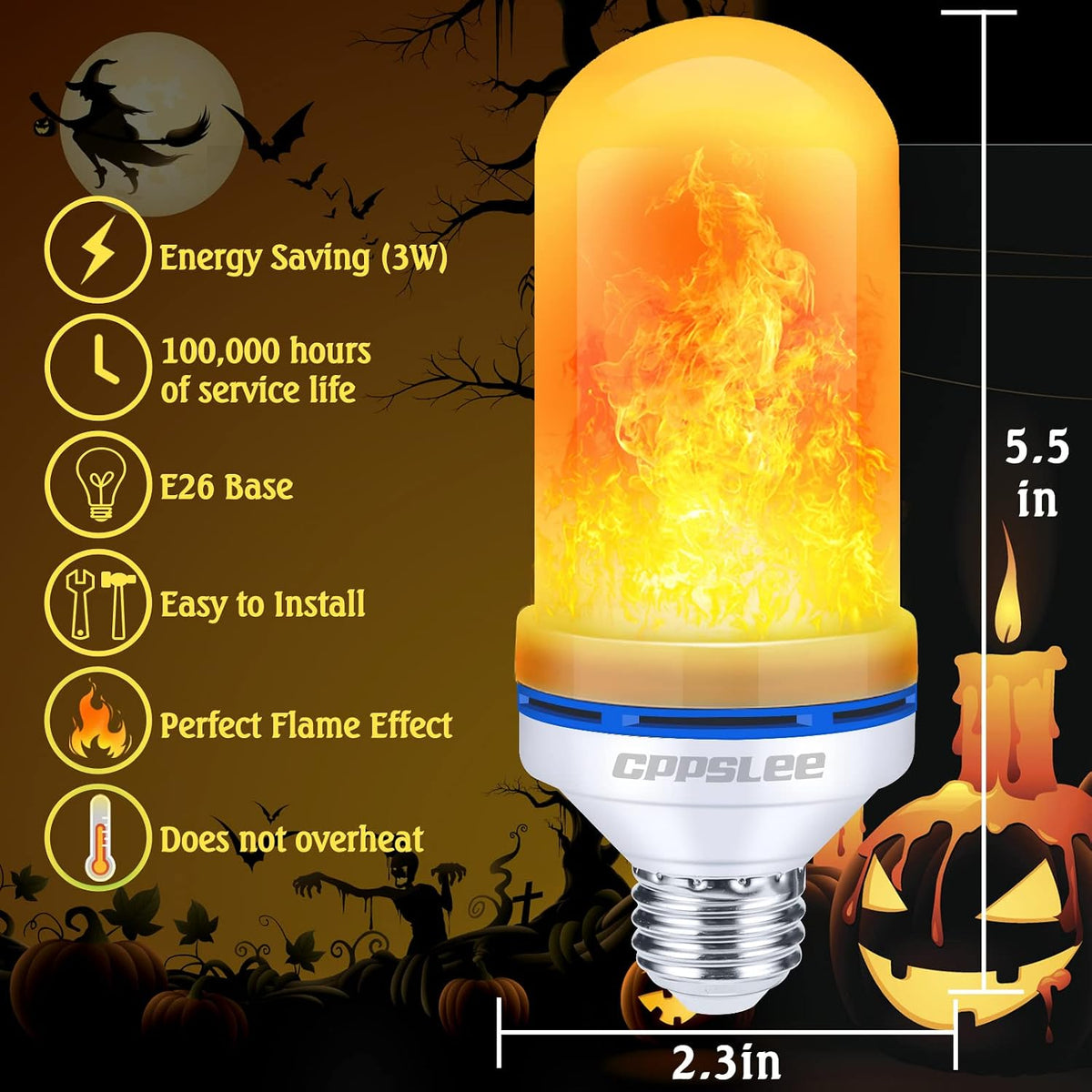 3w led with 600 lumens output, 1500k warm yellow color temperature for realistic fire glow