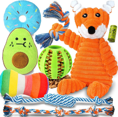 4 squeaky plush toys with built-in squeakers and crinkle paper for sensory engagement