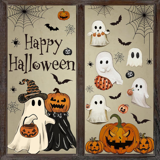 6 sheets of halloween-themed clings in varied designs (ghost, evil pumpkin, bat, spider, spider web, black cat, happy halloween letters)