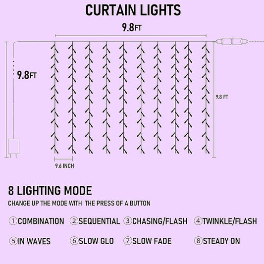 8 lighting modes including combination, waves, sequential, chasing/flash, slow fade, twinkle/flash, and steady on