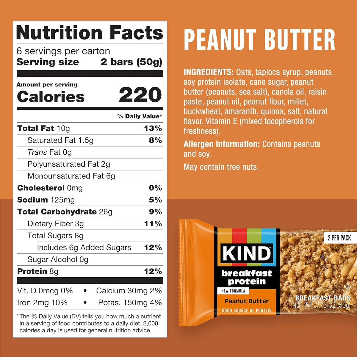 8g protein per bar sourced from soy protein isolate and whole grains