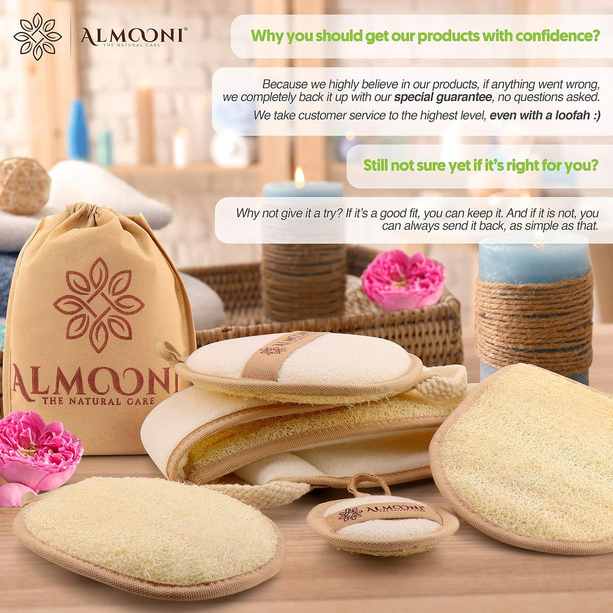 Almooni Natural Loofah Exfoliating Set – Eco-Friendly Housewarming Gift for New Homeowners