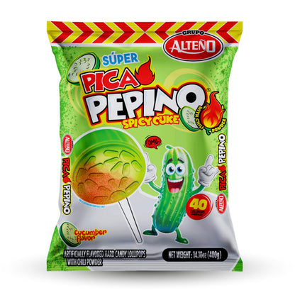Alteño (Alteno) Super Pepino Cucumber Chili Lollipops, Mexican Style Spicy Candy, Individually Wrapped, 40 Count