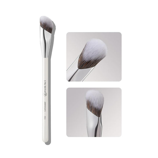 angled, sculpted synthetic nylon bristle head designed for under-eye and nose contours
