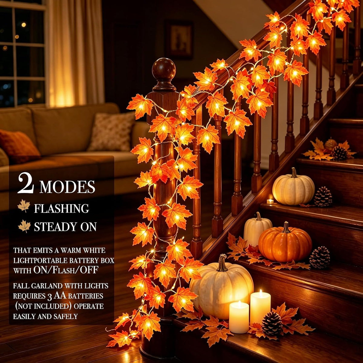 Autumn Leaf Garland for Bedroom Aesthetic – Enlarged 4In Maple Leaves with Battery Lights