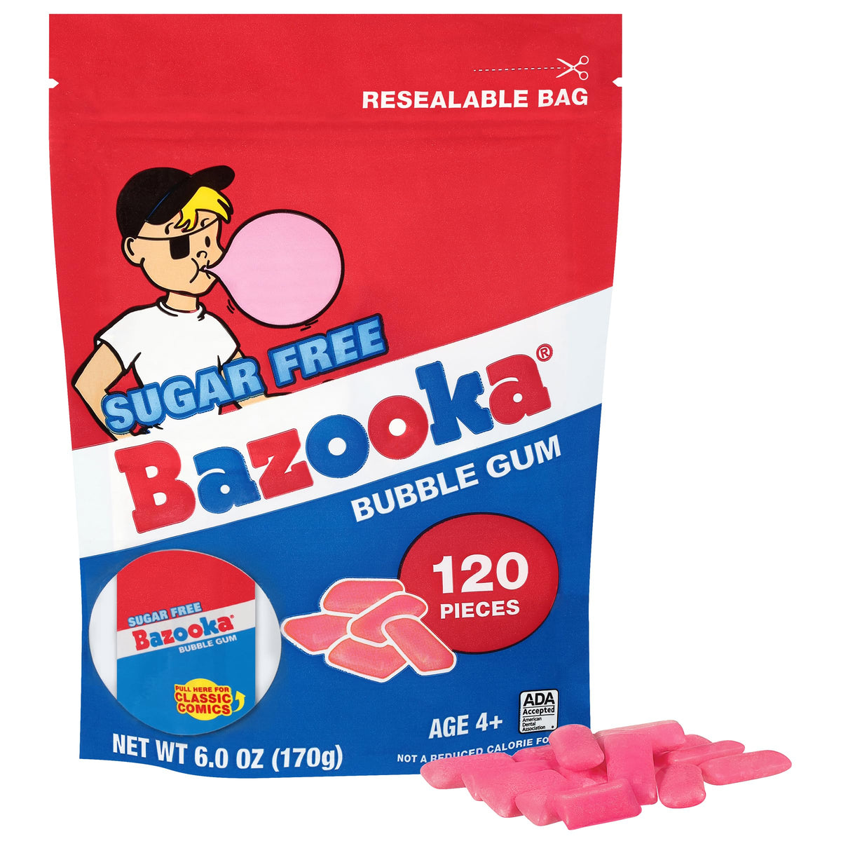 Bazooka Bubble Gum Sugar-Free Chewing Gum Pellets, Bulk Gum in Resealable Bag, 120 Ct in Original Pink Flavor, Sugar Free Bulk, Baseball Party Favors, Nostalgic 90s Candy