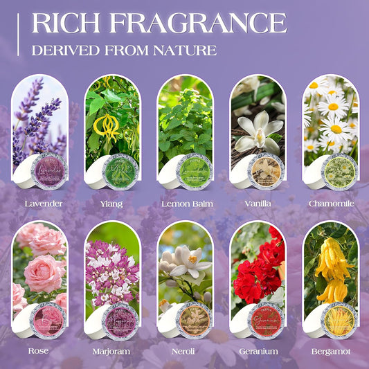 blend of 10 natural essential oils: lavender, chamomile, bergamot, neroli, ylang, lemon balm, marjoram, geranium, rose, vanilla