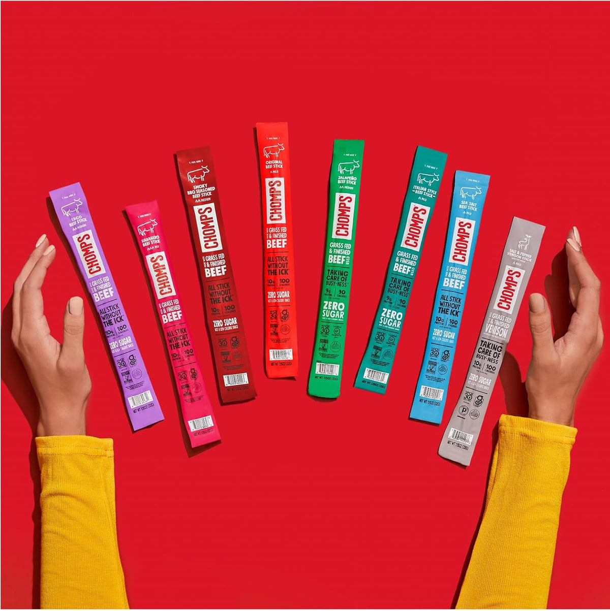 Chomps Grass-Fed Beef Jerky Sticks – Office Desk Drawer Snack for Sustained Focus Between Meetings, 10g Protein