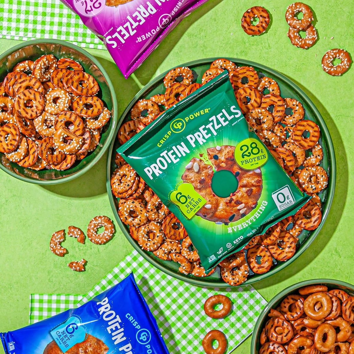 CRISP POWER Protein Pretzels – Low-Carb Pantry Staple for Self-Care Sundays, 6g Net Carbs Single-Serve Bags
