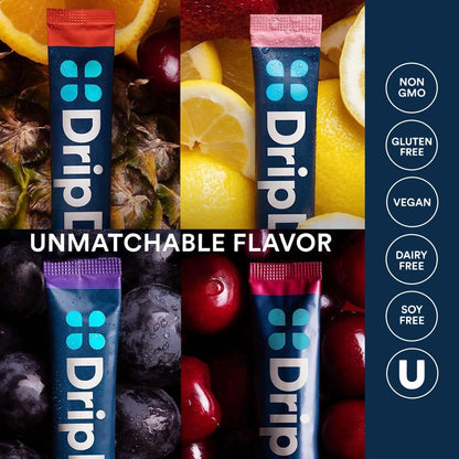 DripDrop Hydration - Juicy Variety Hydration Packets - Vegan Non-GMO Electrolyte Blend for Wellness Routines and Post-Workout Recovery