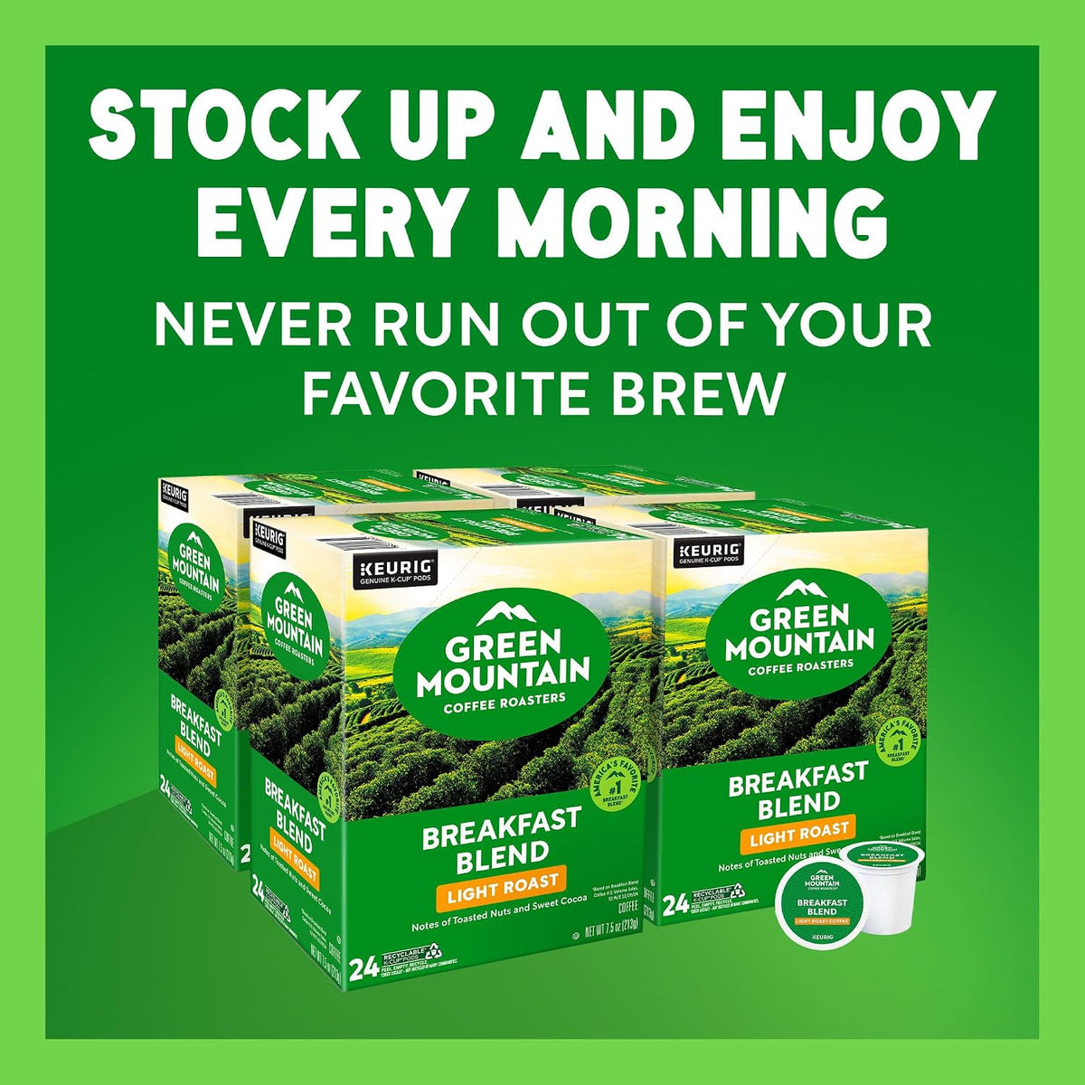 Green Mountain Coffee Roasters Breakfast Blend K-Cup Pods – Clutter-Free Single-Serve Coffee for Minimalist Kitchens, 96 Count