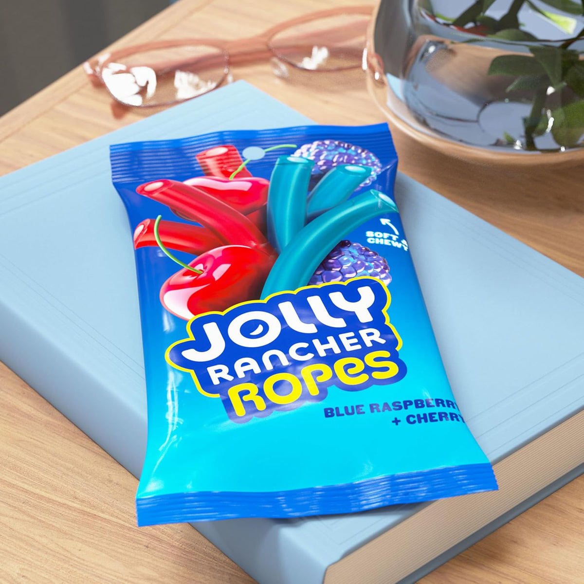 JOLLY RANCHER Ropes Blue Raspberry and Cherry Flavored Candy for Road Trips and Tailgates, 6 oz Resealable Travel Bag