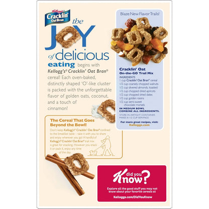 Kellogg's Cracklin' Oat Bran Breakfast Cereal, Fiber Cereal, Family Cereal, Original (3 Boxes) – Durable Pantry Cereal for Road Trips and Cabin Stays