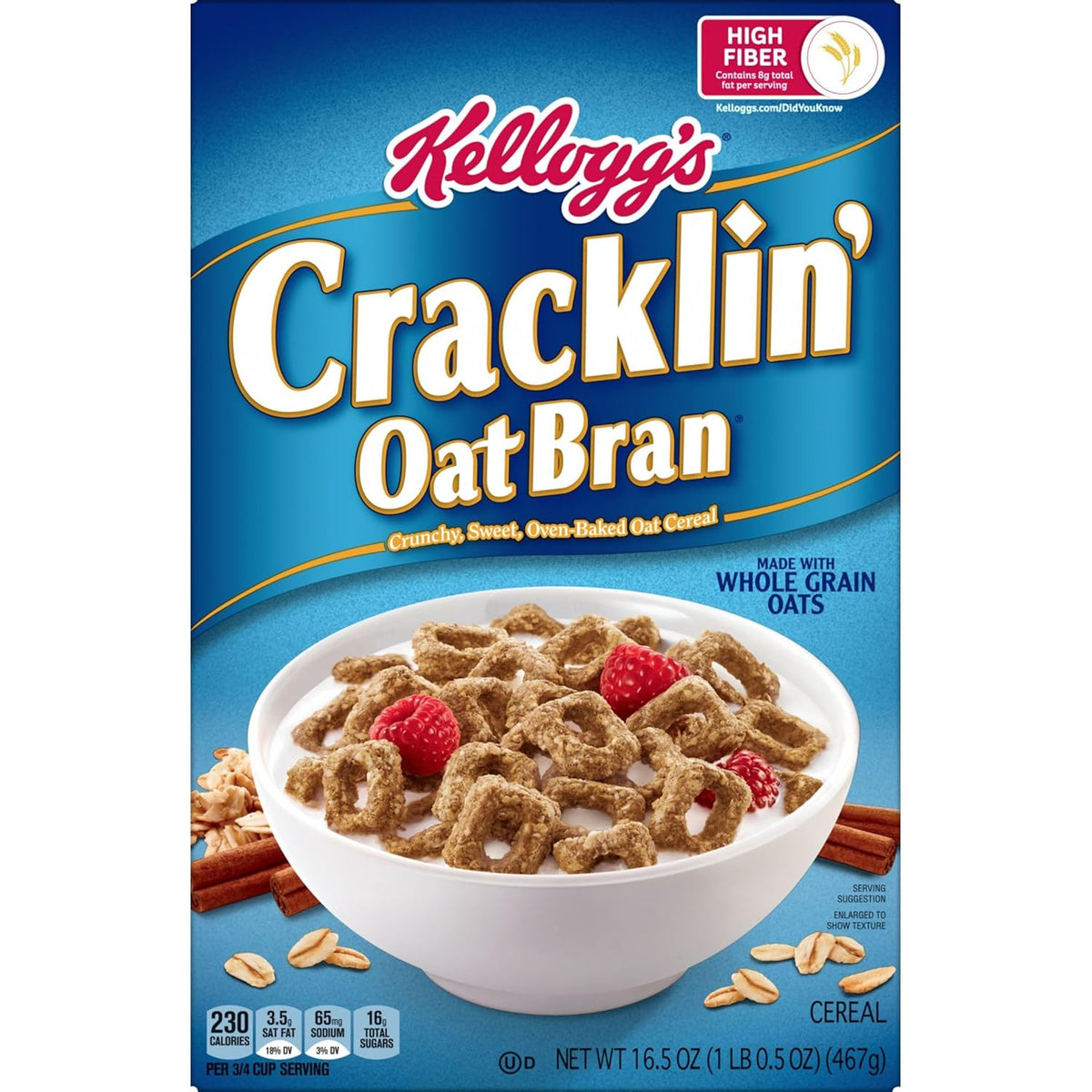Kellogg's Cracklin' Oat Bran Breakfast Cereal, Fiber Cereal, Family Cereal, Original (3 Boxes) – Durable Pantry Cereal for Road Trips and Cabin Stays