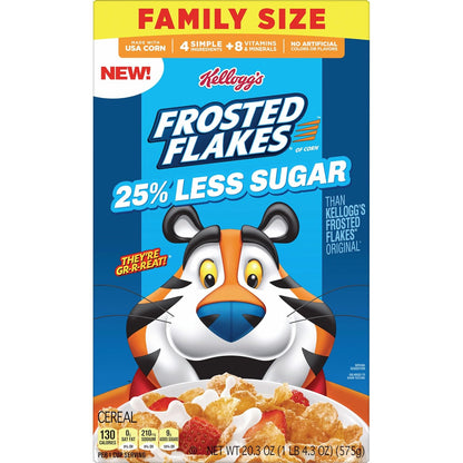 Kellogg's Frosted Flakes Reduced Sugar Cereal, Nostalgic Sweet Cereal Alternative for Late-Night Snack Cravings and Self-Care