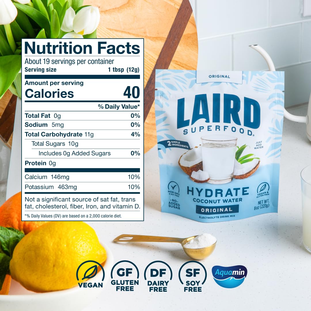 Laird Superfood HYDRATE Premium Coconut Water Drink Mix for Gym Buddy Gifts and Recovery Season Presents