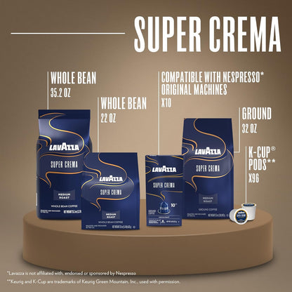 Lavazza Super Crema Ground Coffee, Medium Roast, Aromatic Wind-Down Coffee Break for Self-Care and Slow Weekends, 32 oz Bag for Moka Pot and Drip