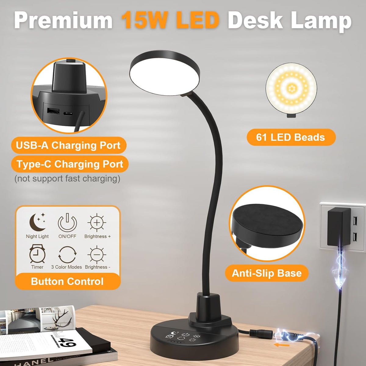 LUMINOAK CleanLine Table Lamp – Less-Is-More Desk Light with Weighted Base, Neutral Finish, and Hidden USB Ports