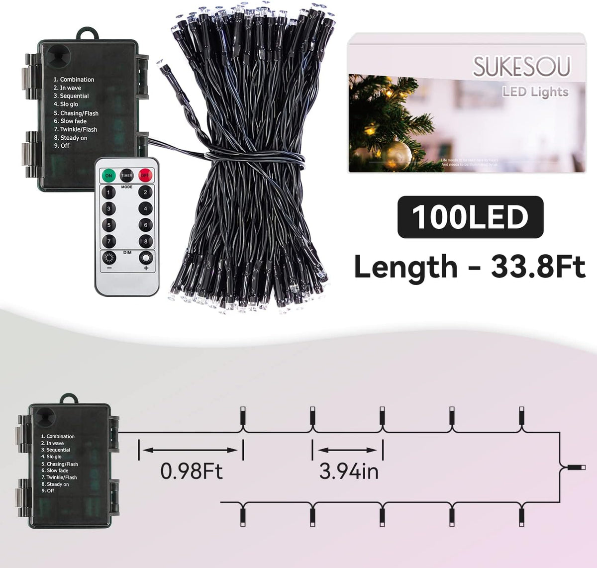 LUMIRESCO Battery String Lights 33Ft 100 LED – Flexible Balcony and Backyard Ambiance Lights, IP65 Rated with Wireless Remote and 4 Brightness Levels