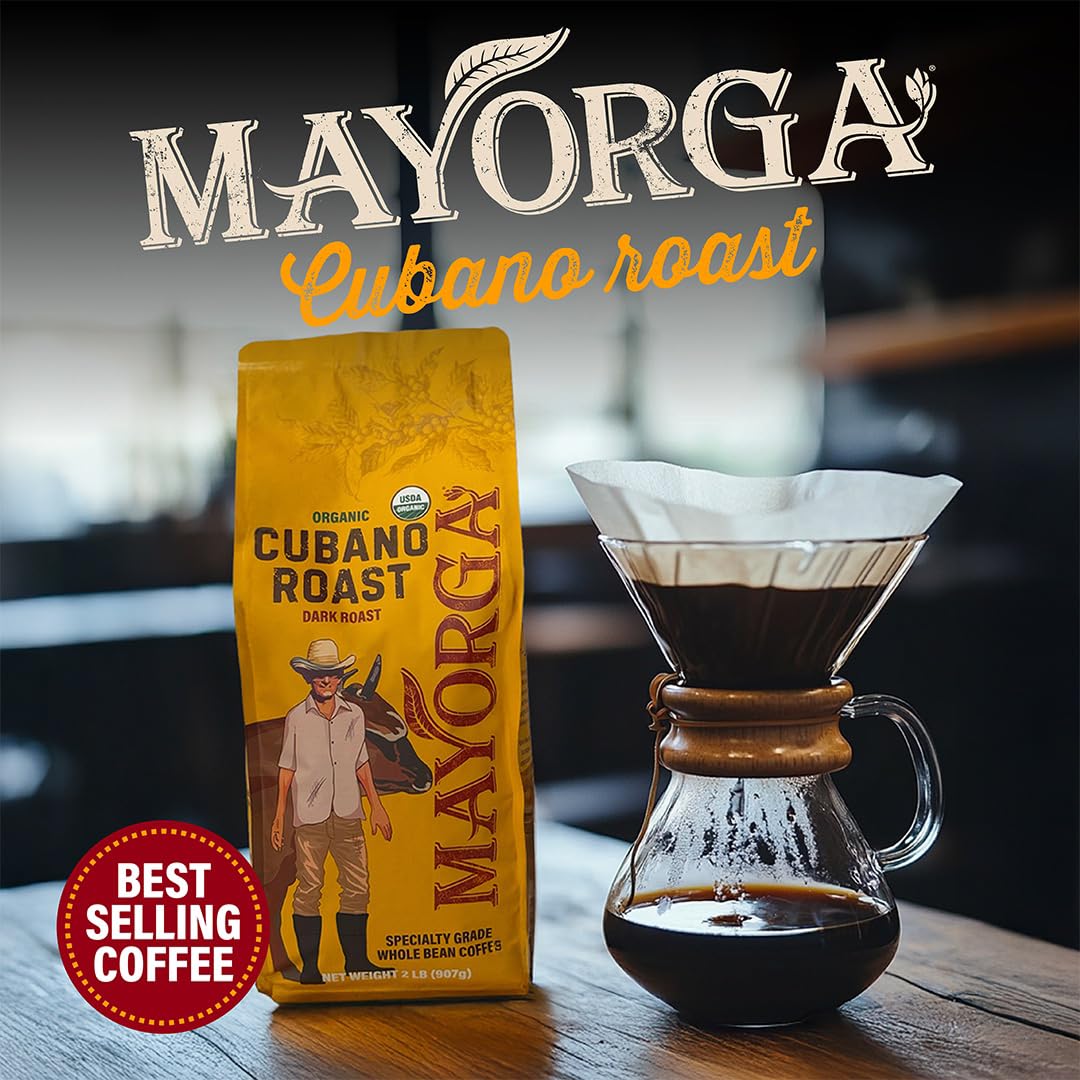 Mayorga Organic Cafe Cubano Whole Bean Coffee 2lb - Low Acid Dark Roast for a Gentle Morning Ritual and Sensitive Stomach