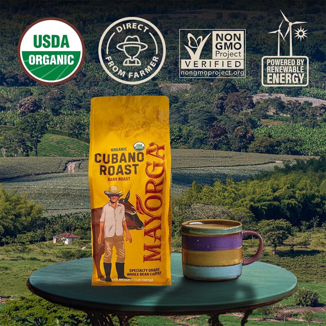 Mayorga Organic Cafe Cubano Whole Bean Coffee 2lb - Low Acid Dark Roast for a Gentle Morning Ritual and Sensitive Stomach