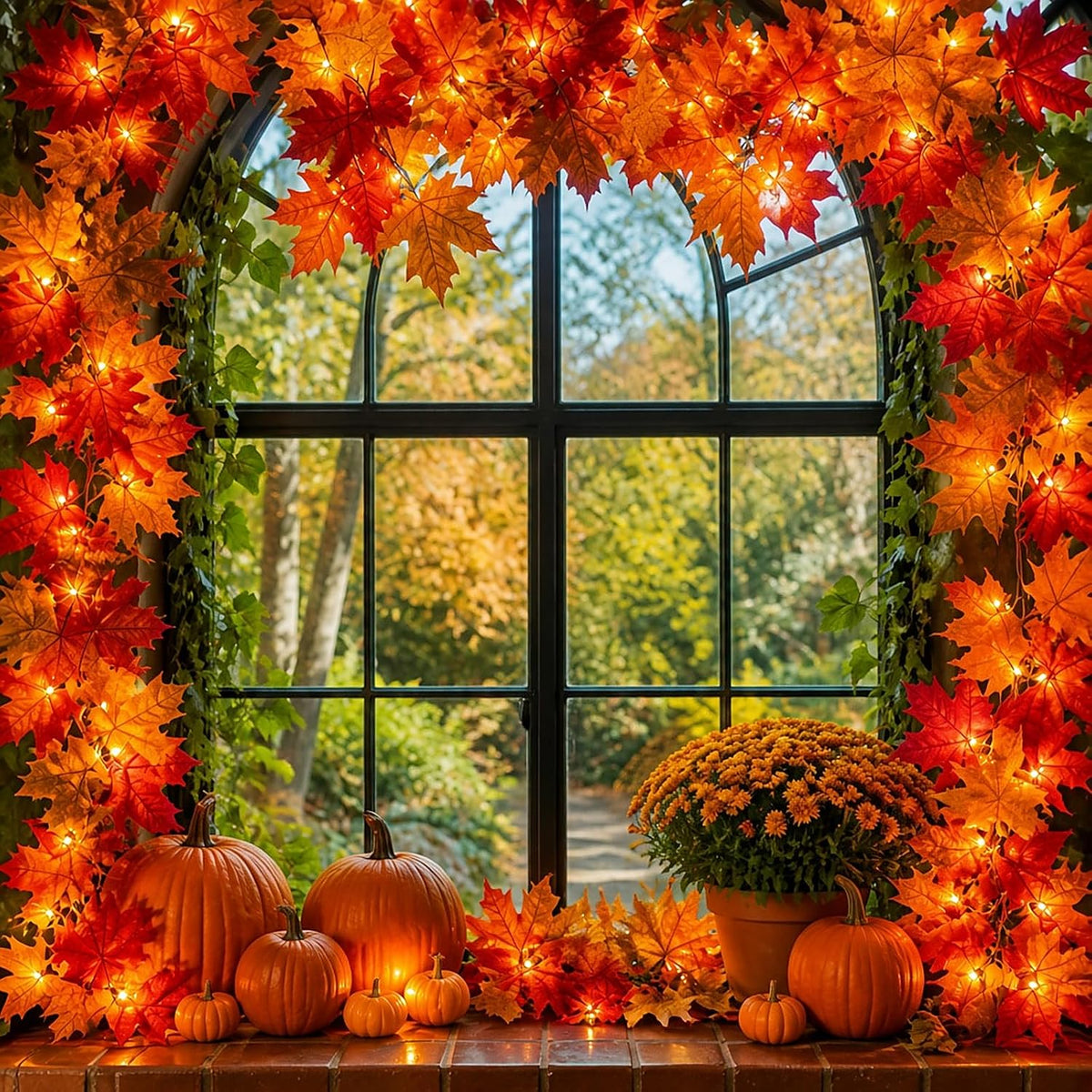 Meknow Fall Garland with Lights – 9ft IP44 Waterproof Maple Leaf Garland for Patio, Porch, and Outdoor Autumn Displays