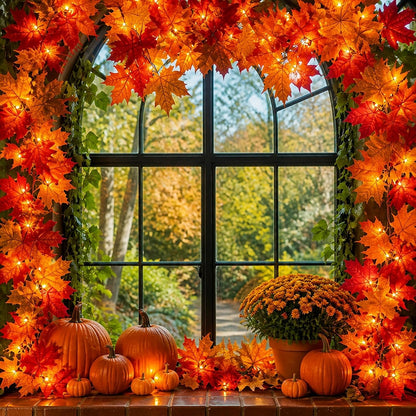 Meknow Fall Garland with Lights – 9ft IP44 Waterproof Maple Leaf Garland for Patio, Porch, and Outdoor Autumn Displays
