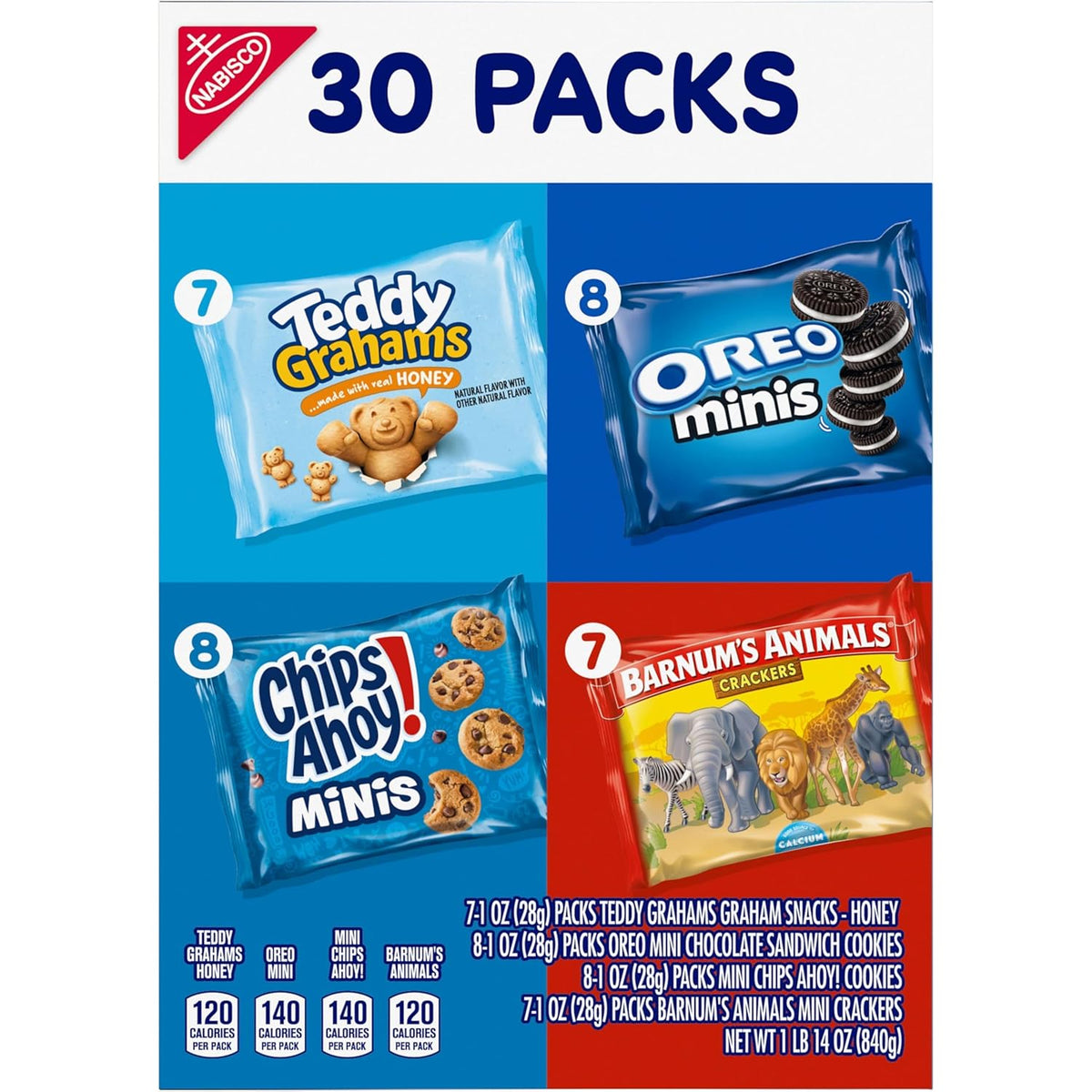 Nabisco Team Favorites Snack Variety – Kid-Safe Single-Serve Packs for Lunchboxes and After-School Treats, OREO Mini, CHIPS AHOY! Mini, Teddy Grahams & Animal Crackers, 30 Count