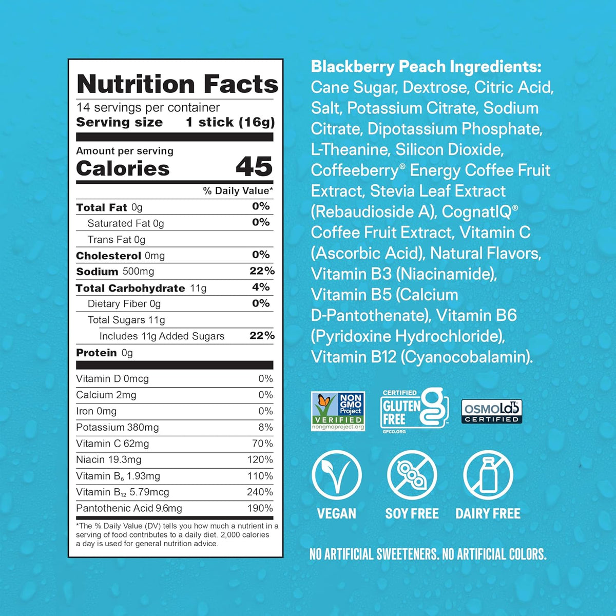 non-gmo, vegan, gluten-free, soy-free, dairy-free formula with no artificial colors