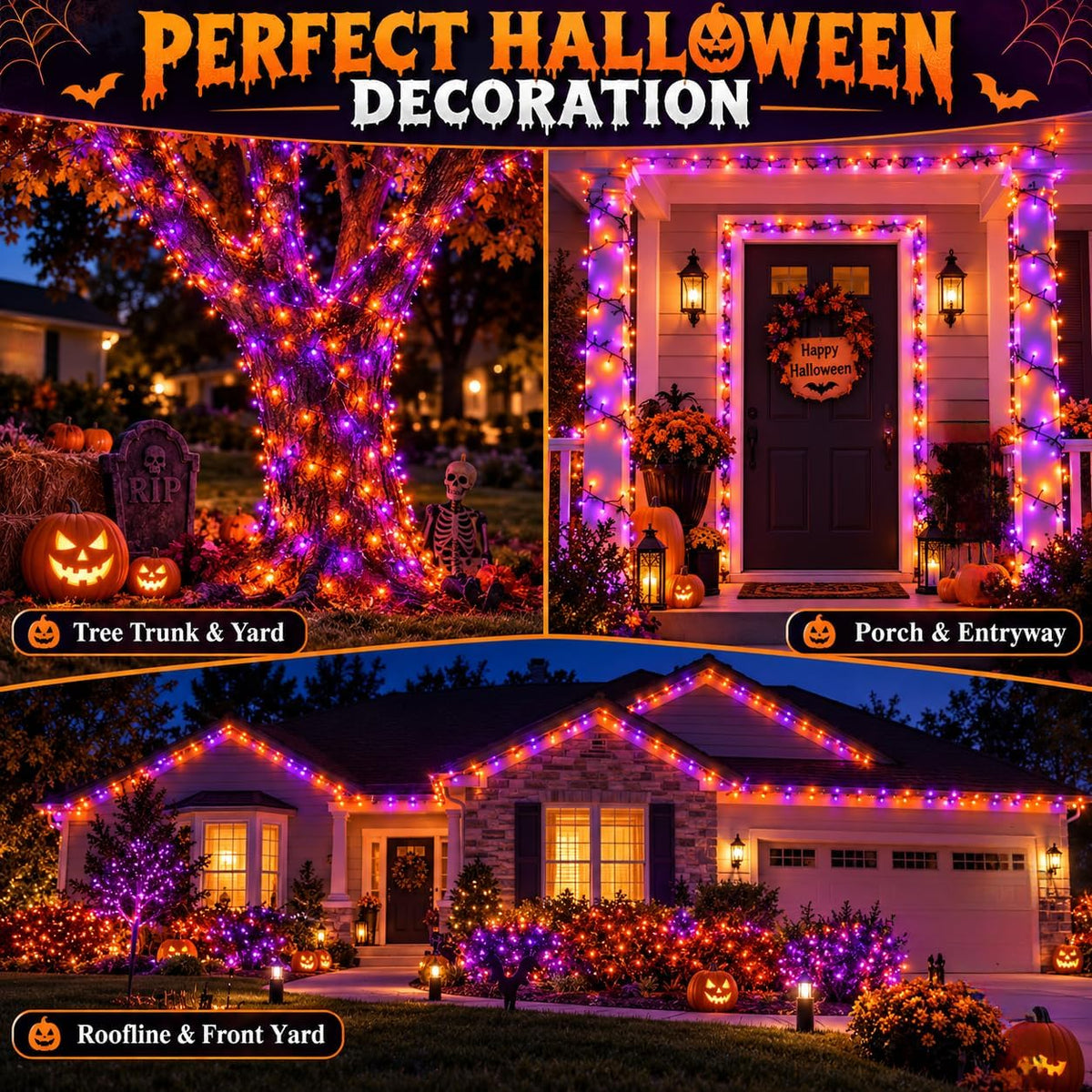 OZS Purple Orange Halloween String Lights – Patio Dining and Open-Air Party Setup, 164ft Coverage