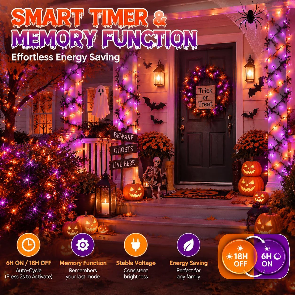 OZS Purple Orange Halloween String Lights – Patio Dining and Open-Air Party Setup, 164ft Coverage