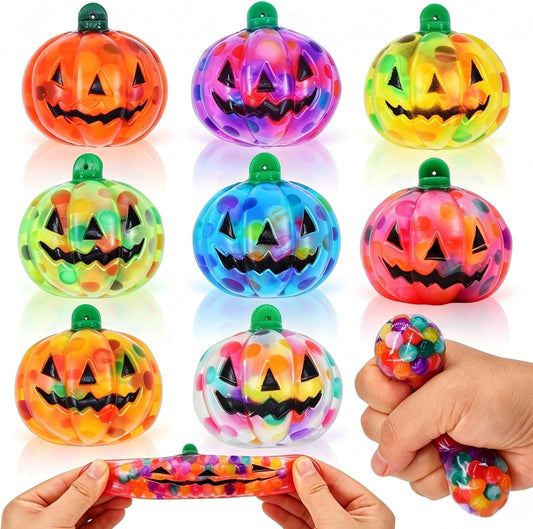 pack of 8 (or 6) pumpkin-shaped squeeze balls in assorted colors, 2.1 x 1.9 inches each