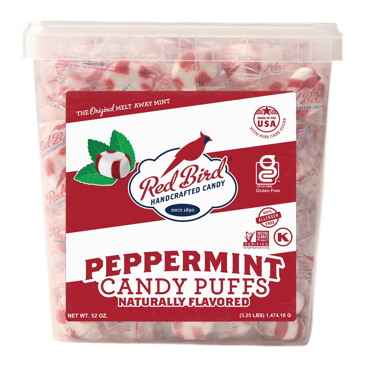 Red Bird Soft Peppermint Puffs Candy, Individually Wrapped Soft Mints, 52 oz Tub