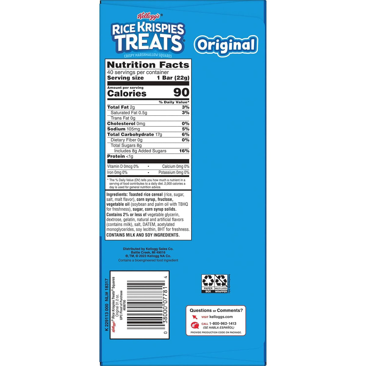 Rice Krispies Treats Original Cereal Bars – Better-for-You Lighter Treat for Afternoon Cravings, Bulk 40-Count Box