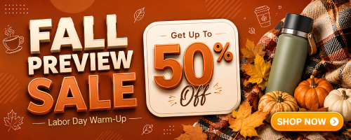 Promotional banner for a fall preview sale with large orange and white text reading 'FALL PREVIEW SALE' and 'Get Up To 50% Off'. The design includes autumn leaves, pumpkins, a green insulated bottle, a plaid blanket, and a yellow 'SHOP NOW' button on an orange background.